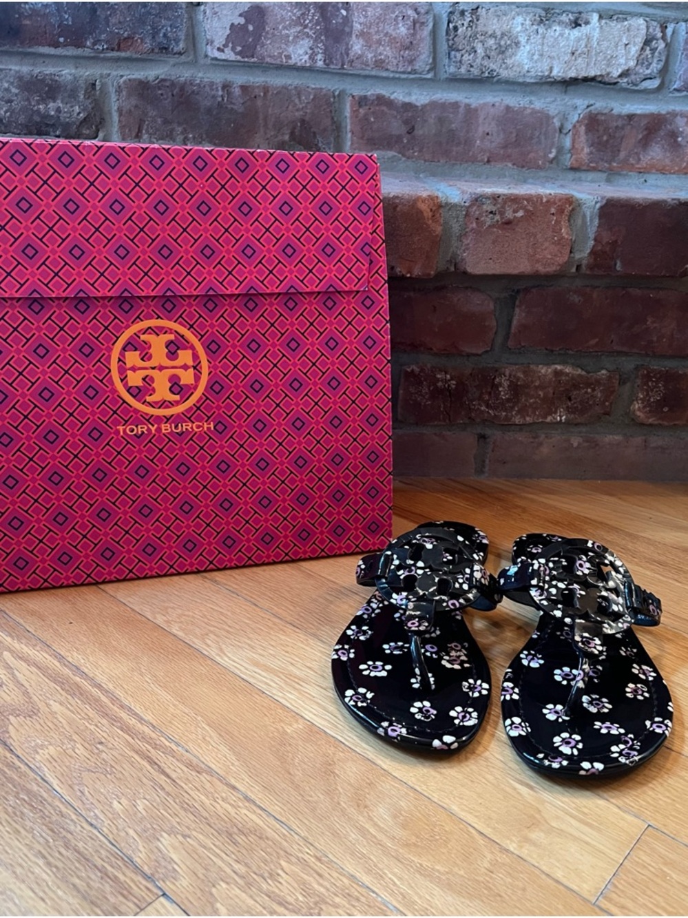 Tory Burch Black Stamped Floral Printed Patent Leather Miller Sandals